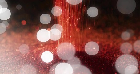 Red particle stream starting and falling, forming mound while sending sparkles and bokeh drifting - Powered by Adobe
