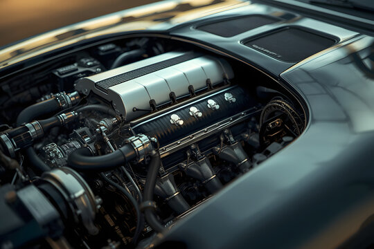 Engine Close-Up. Close-up shot of an automobile engine on display. - Powered by Adobe