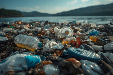 Big plastic pollution. Very important plastic and trash pollution on beautiful lake.