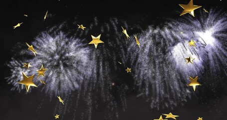 Gold stars and blue-white fireworks starting from center spark, bursting outward, celebrating sky - Powered by Adobe