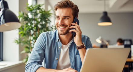 Happy handsome young man talking on a mobile phone smiling while working on a laptop in a modern brightly lit office successful business communication concept