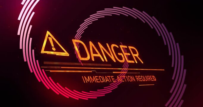 Hazard HUD unfolding, rotating rings starting, triangle sliding, DANGER forming, signaling urgency