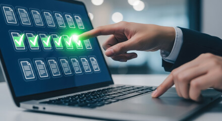 Person in a business suit touches a laptop screen displaying rows of digital documents with glowing green check marks indicating successful completion