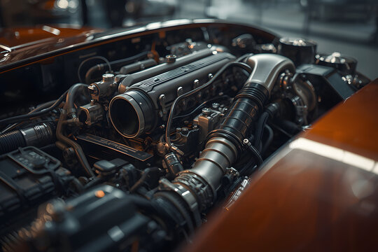 Engine Close-Up. Close-up shot of an automobile engine on display.