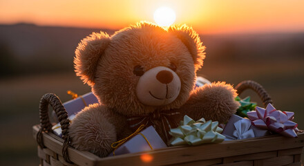 Teddy bear in basket with gifts bathed in golden sunset glow, a nostalgic scene