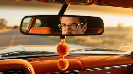 Man's face reflected in the rearview mirror of a classic car driving on a lonely road during sunset road trip, journey, travel, adventure, nostalgia concept