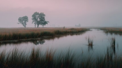 Fototapeta premium Serene Misty Landscape with Silhouetted Trees and Calm Water Reflections in Early Morning Light