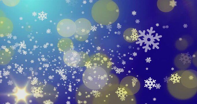 Cyan bokeh pulsing, sparking flake sprites growing and swirling toward viewer forming winter scene