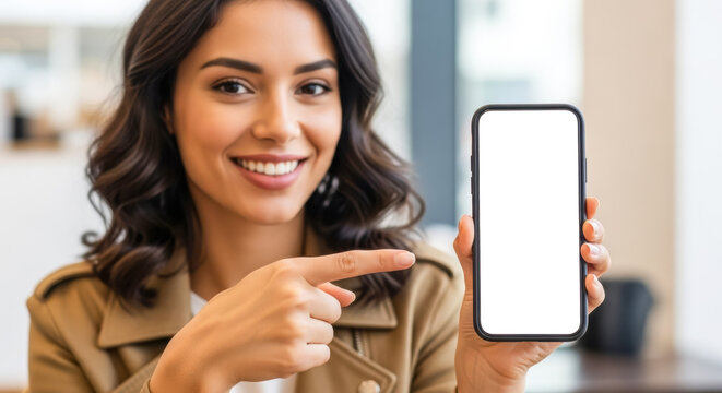 Smiling woman in a brown jacket points to a blank white screen on a vertical smartphone, showcasing a mobile app or service, for mockup or advertising - Powered by Adobe