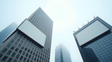 Looking up at two large blank billboards on modern skyscrapers in a foggy urban environment