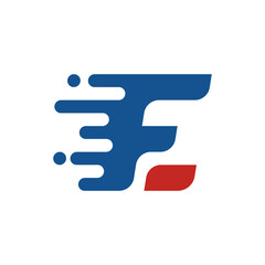 Obraz premium A modern, dynamic logo featuring a stylized letter F and E in blue and red with speed lines, suggesting fast delivery or progress.