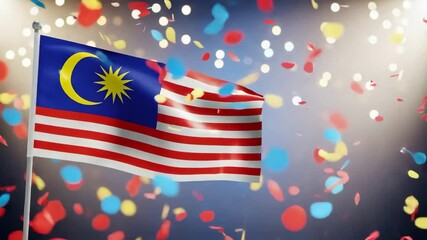Malaysia national flag waving with colorful confetti and sparkling lights for festive holiday or celebration event. - Powered by Adobe