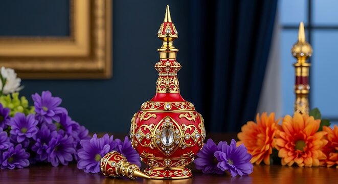 perfume bottle red gold flower luxury allegiant 
fragrance aroma decoration ornate floral table 
