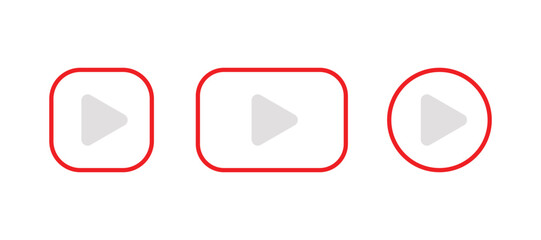 Gray play button set. Includes play button in square, rectangle and circle outline frames.