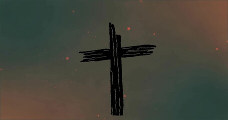 On loop start black sketch cross staying fixed while orange motes drifting fading adding atmosphere