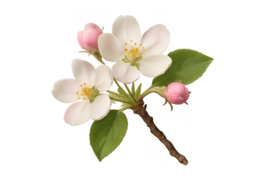 Apple tree branch blooming with white flowers and pink buds