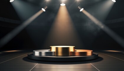 Spotlight winners podium stage gold silver bronze. Dramatic lighting highlights three-tiered platform, symbolizing achievement, competition, sports success, and victory celebration in a modern arena.