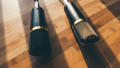 Modern microphones ready for conversation, podcast, interview, wooden table, studio setting, warm lighting, creative workspace, audio recording, digital content, teamwork.