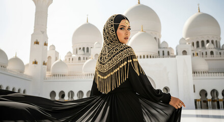Elegant Woman in Traditional Attire with Embellished Hijab.