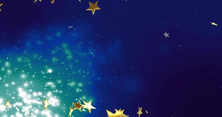 Turquoise glow pulsing, releasing golden stars rotating and drifting right for celebratory motion - Powered by Adobe