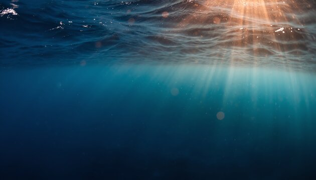 Sunbeams underwater calm blue serenity create a tranquil scene, with gentle light rays illuminating the clear ocean and peaceful marine environment.