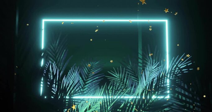 Cyan neon frame rising behind fronds, lighting fronds, gold stars drifting, accenting mood