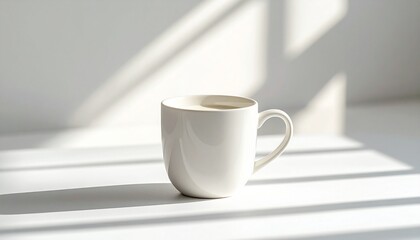 A white ceramic mug on a table in the morning sunlight, with long diagonal shadows creating a minimalist and peaceful scene
