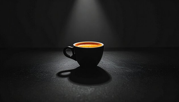 A single cup of rich espresso illuminated by a spotlight on a dark, moody background, creating a dramatic and artistic coffee concept