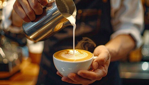 Expert barista in an apron pouring frothed milk into a cup to create beautiful and intricate latte art in a coffee shop