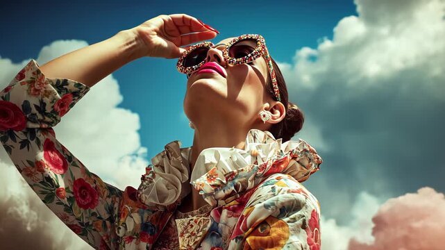 Stylish Fashion Portrait of a Beautiful Model in Floral Print and Sunglasses with Vibrant Colors for Spring Trendy Urban Style