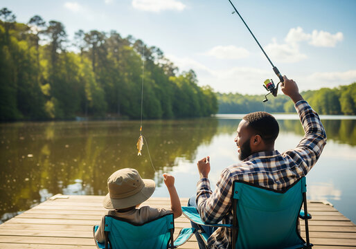 Father and son fishing together on a wooden pier enjoying a peaceful day by the lake.