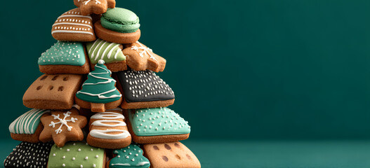 Fun and Festive Christmas cookie tree made of biscuits ornaments. Creative Xmas and New Year holiday season recipe for party. Stylish banner design. Isolated Christmas tree on green background