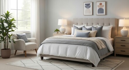 Fototapeta premium Serene primary bedroom interior featuring soft neutral tones and natural light illuminating the space