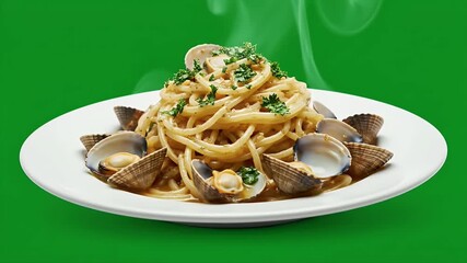 Steaming Spaghetti alle Vongole with Clams on Green Plate.