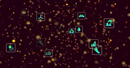 On play turquoise icons floating, drifting, clustering and brightening, visualizing energy data - Powered by Adobe