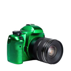 Shiny Emerald Green DSLR Camera with Black Lens Isolated on Transparent Background Detailed Studio Shot