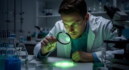 A scientist in a laboratory examining a sample under a magnifying glass with focused lighting and scientific equipment around him