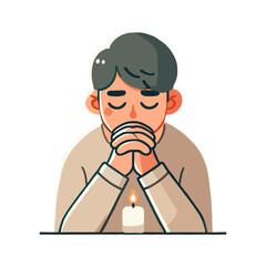 Man in Beige Sweater Prays with Folded Hands Beside a Lit Candle on White Background