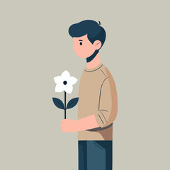 Flat Illustration of Young Man Holding White Flower in Neutral Tone Background