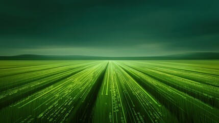 Expansive Green Field with Digital Binary Data Stream Illustrating Technology and Nature Integration in a Futuristic Landscape © buraratn