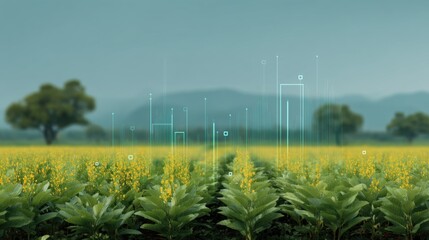 Vibrant Agricultural Landscape with Digital Elements and Technology Integration in Nature's Field for Sustainable Farming Practices and Innovation