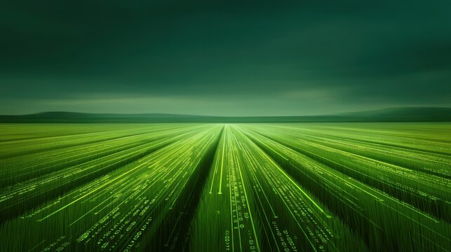 Expansive Green Field with Digital Binary Data Stream Illustrating Technology and Nature Integration in a Futuristic Landscape - Powered by Adobe