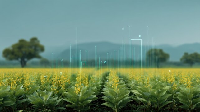 Vibrant Agricultural Landscape with Digital Elements and Technology Integration in Nature's Field for Sustainable Farming Practices and Innovation