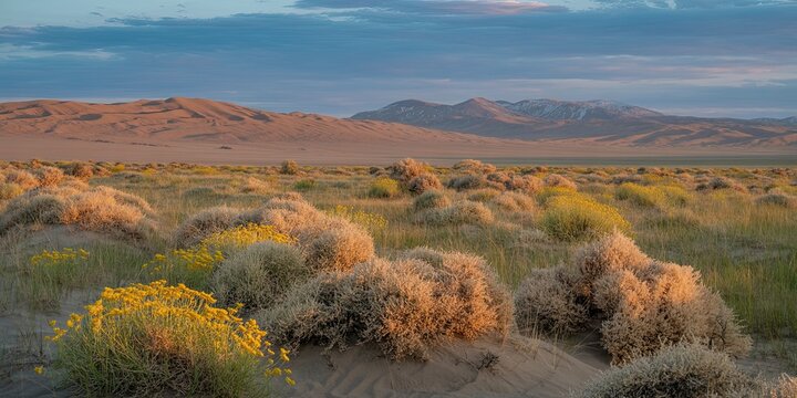 Scenic Desert Landscape at Sunset with Tumbleweeds, Wildflowers, and Distant Mountains under Dramatic Sky