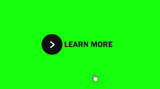 "Learn more" button animation on a green screen. Hover over "Learn more". Isolated elements or symbols on a green screen background.