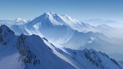 Fototapeta premium Majestic Snow-Covered Mountains Under Clear Blue Sky with Soft Clouds and Breathtaking Scenic View in Background Ideal for Adventure and Travel Content