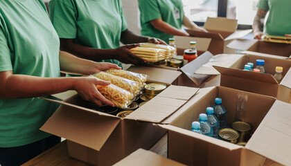 Diverse team of volunteers in green tshirts packing food donations into cardboard boxes.