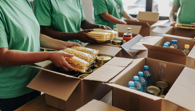 Diverse team of volunteers in green tshirts packing food donations into cardboard boxes.
