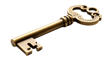 Antique ornate bronze skeleton key with intricate scrollwork detailing on the bow and shaft isolated on a black background with soft lighting highlighting its metallic texture