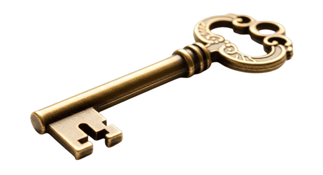 Antique ornate bronze skeleton key with intricate scrollwork detailing on the bow and shaft isolated on a black background with soft lighting highlighting its metallic texture